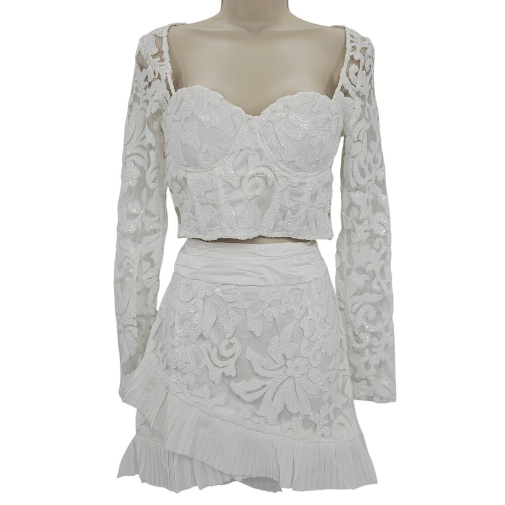 Naked Wardrobe Womans size S 2 Piece Set Lace Blouse and Mini Skirt White NWOT